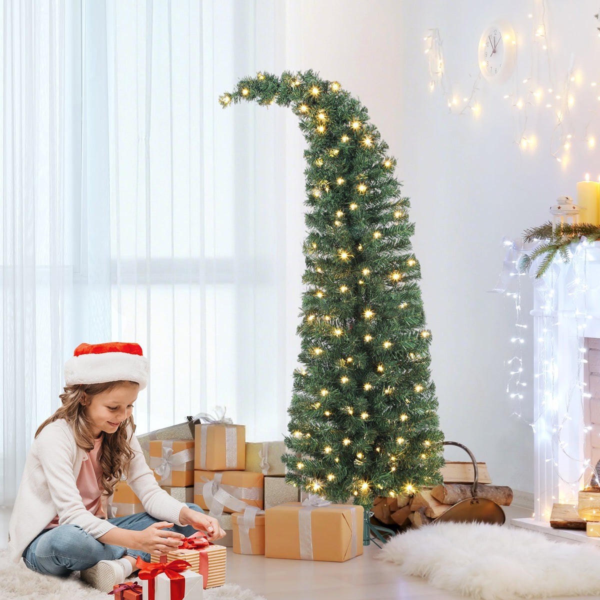 5 Ft Prelit Bent Top Christmas Tree with 300 LEDs and Metal Stand