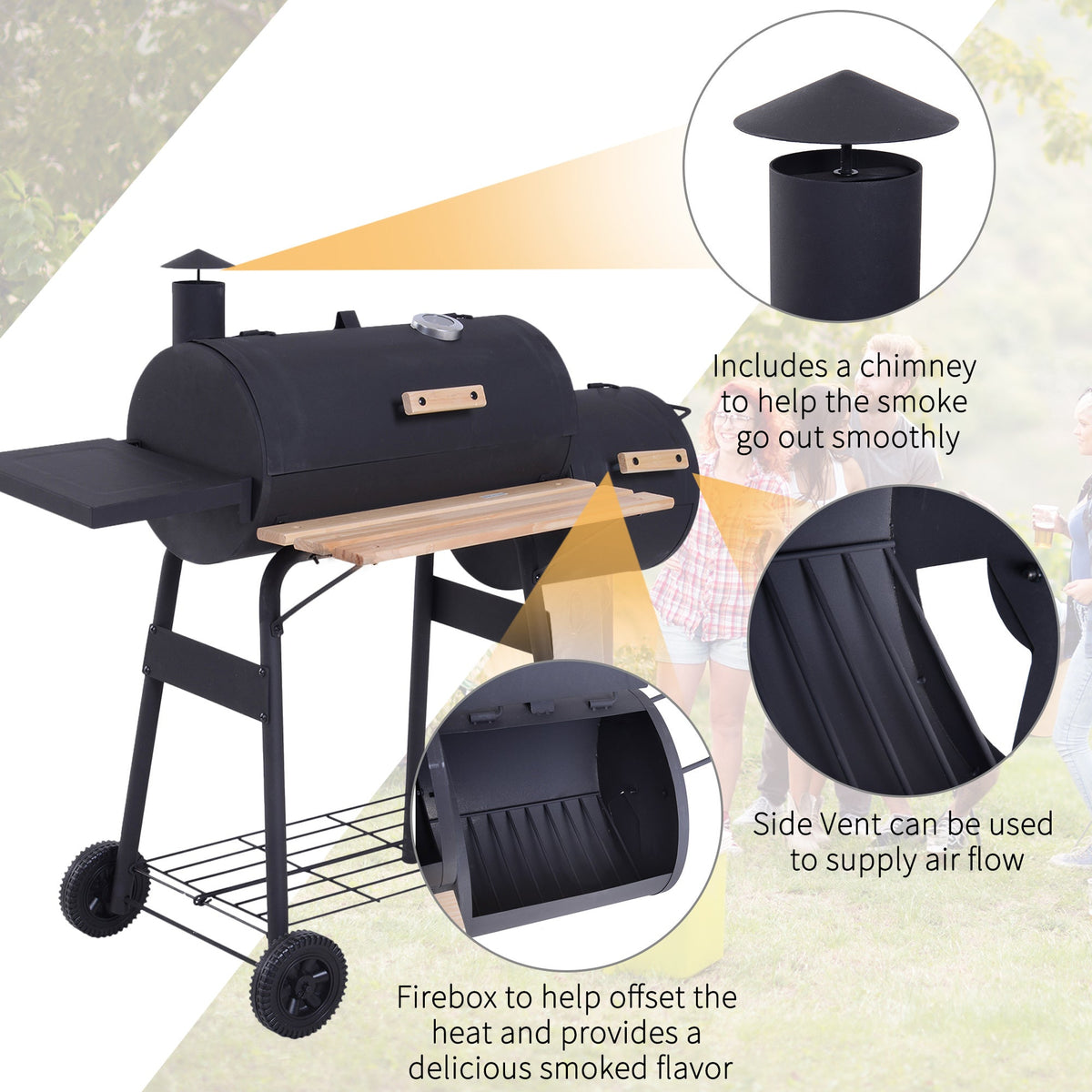 Outsunny 48' Steel Portable Backyard Charcoal BBQ Grill and Offset Smoker Combo - Michaela's Outdoors