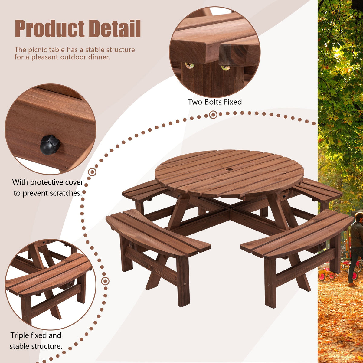 8 Person Wooden Picnic Table Outdoor Camping Dining Table with Seat - Michaela's Outdoors