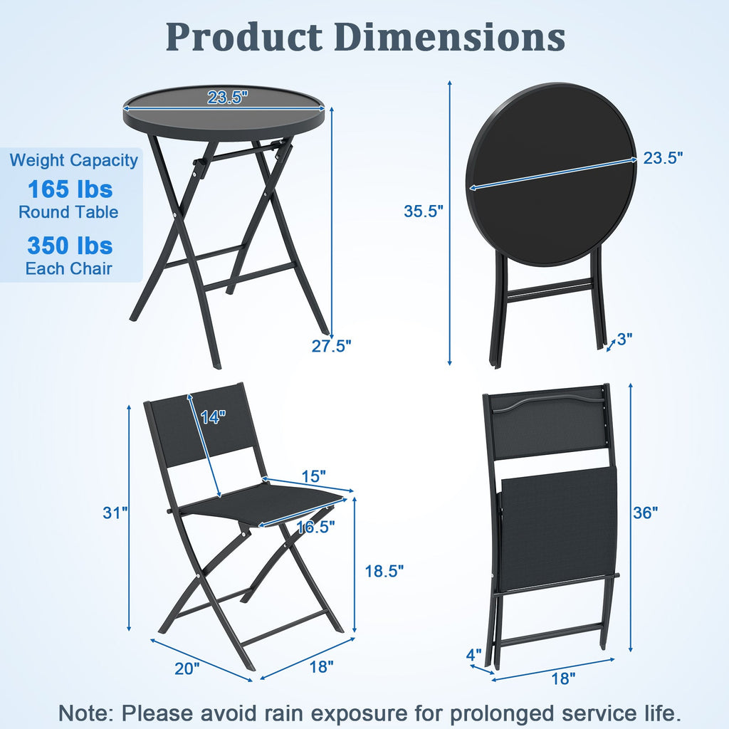 3 Piece Outdoor Folding Patio Bistro Set with Tempered Glass Coffee Table and 2 Patio Chairs - Michaela's Outdoors