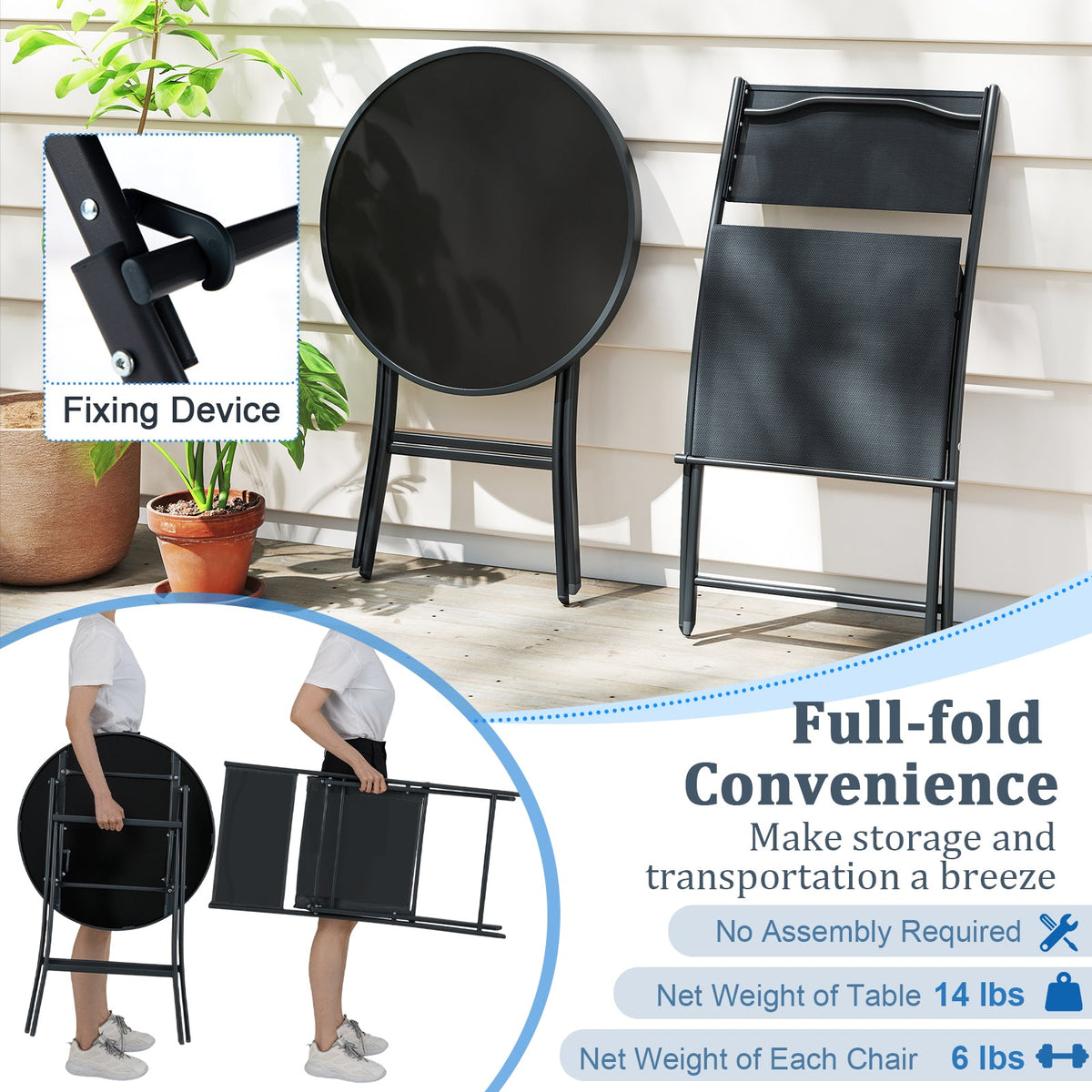 3 Piece Outdoor Folding Patio Bistro Set with Tempered Glass Coffee Table and 2 Patio Chairs - Michaela's Outdoors