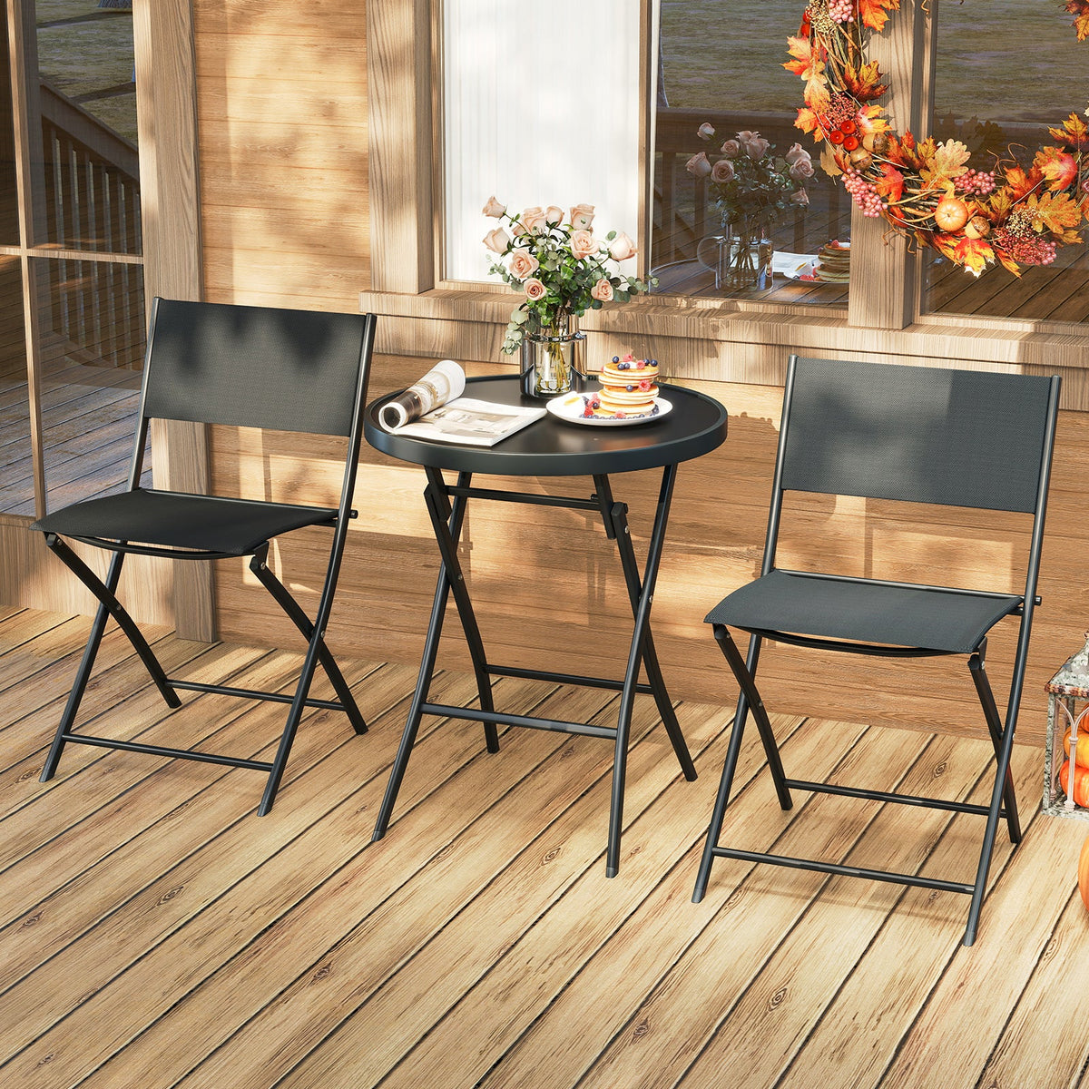 3 Piece Outdoor Folding Patio Bistro Set with Tempered Glass Coffee Table and 2 Patio Chairs - Michaela's Outdoors