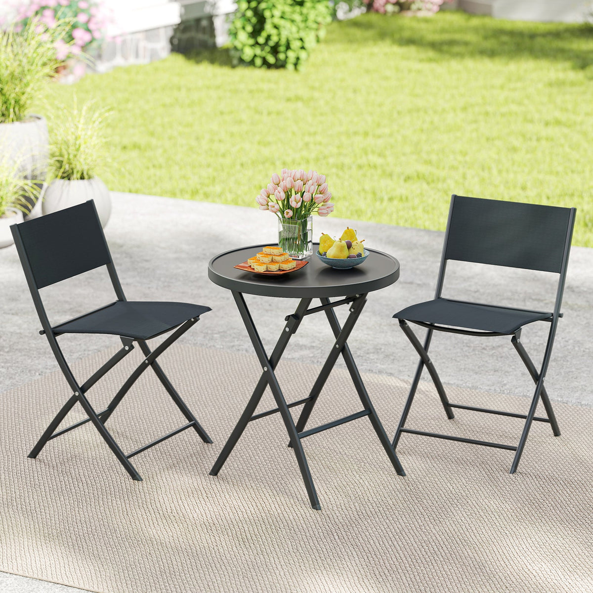 3 Piece Outdoor Folding Patio Bistro Set with Tempered Glass Coffee Table and 2 Patio Chairs - Michaela's Outdoors