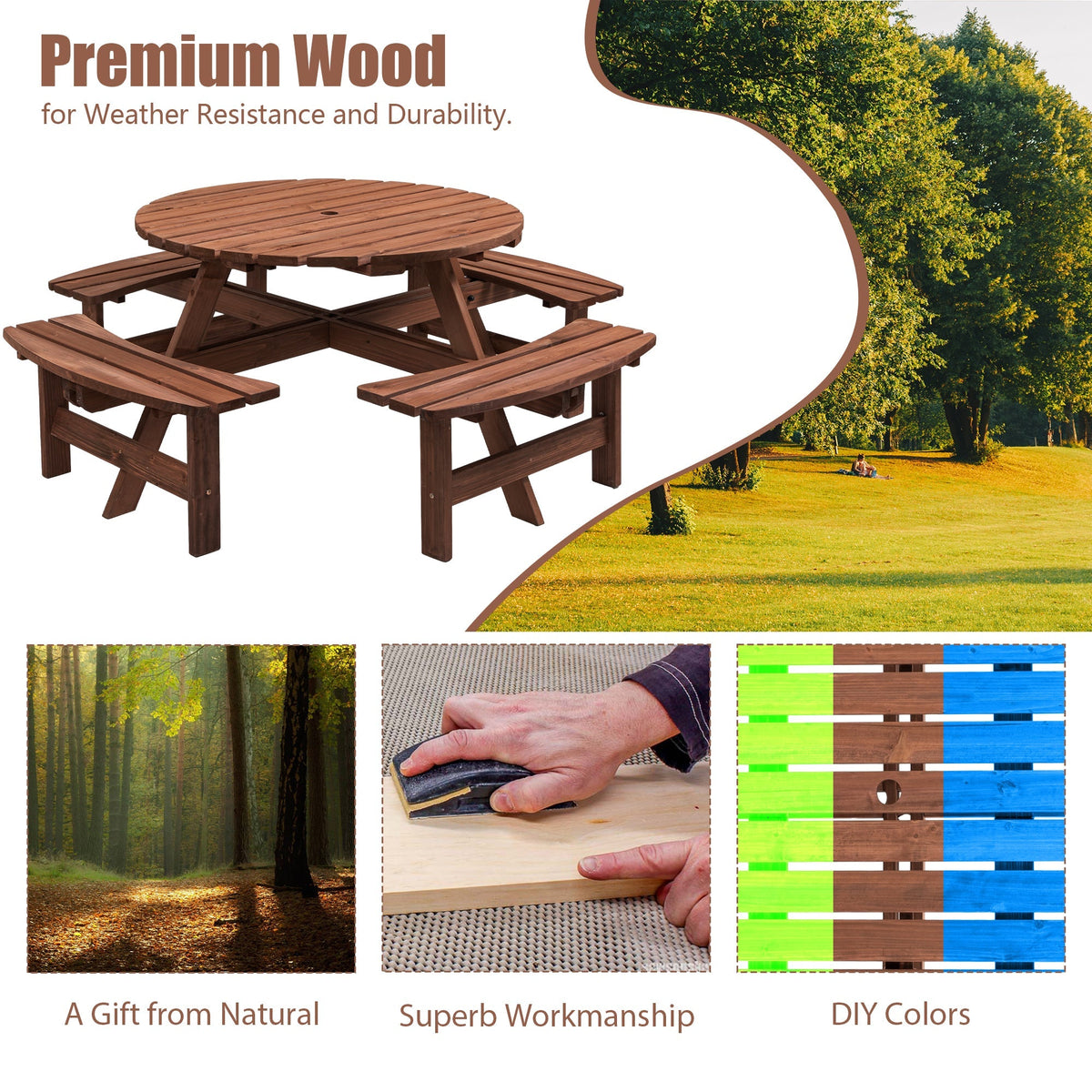 8 Person Wooden Picnic Table Outdoor Camping Dining Table with Seat - Michaela's Outdoors