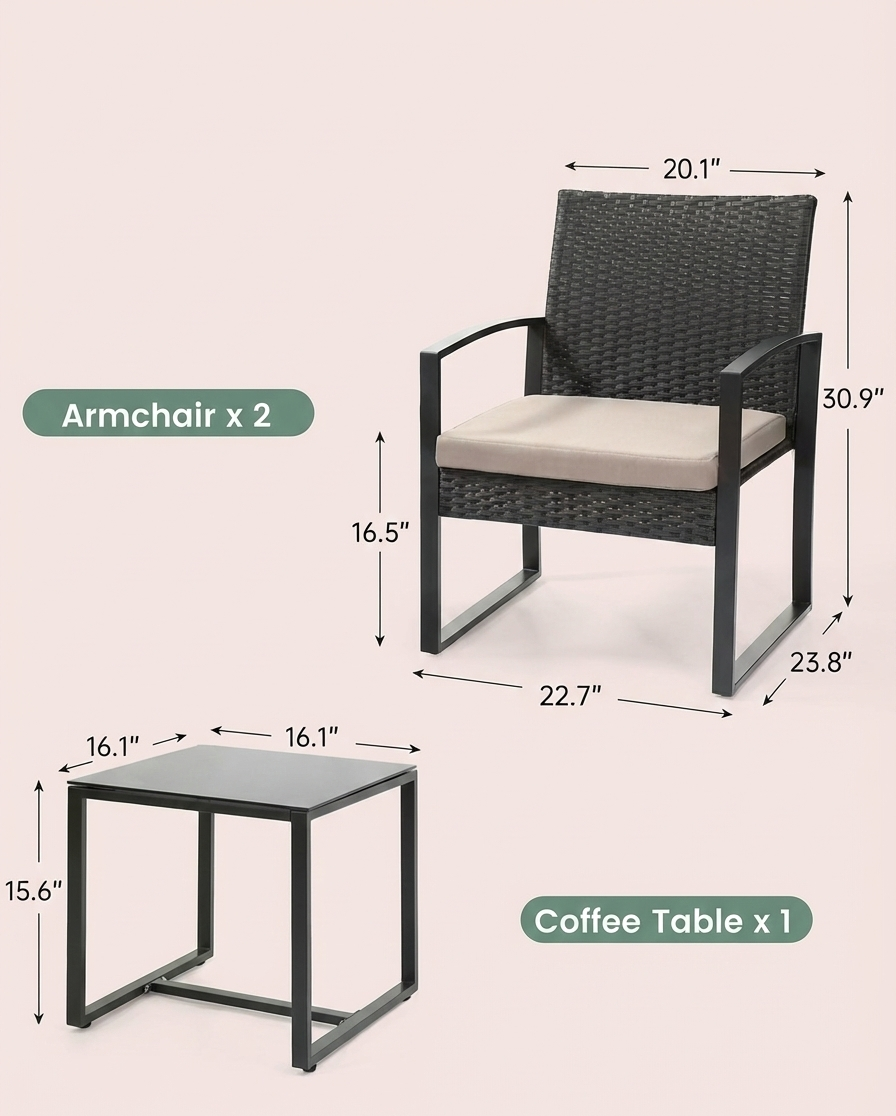 3-Piece Outdoor Patio Furniture Set – Wicker Chairs + Bar Table with Cushions