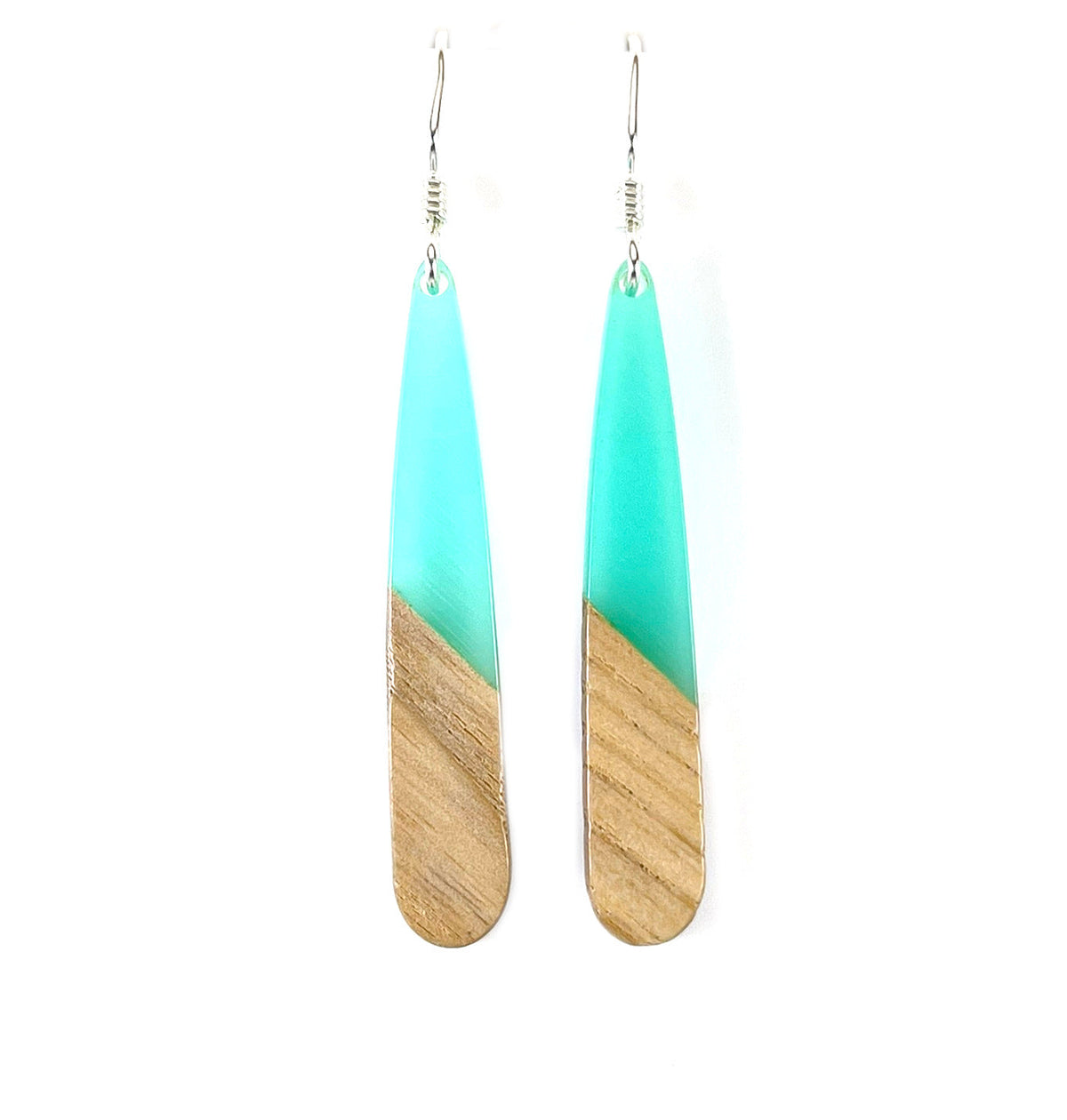 Upcycled Wood & Aqua Resin Drop Earrings – Sterling Silver, 2” Eco Minimalist - Michaela's Outdoors