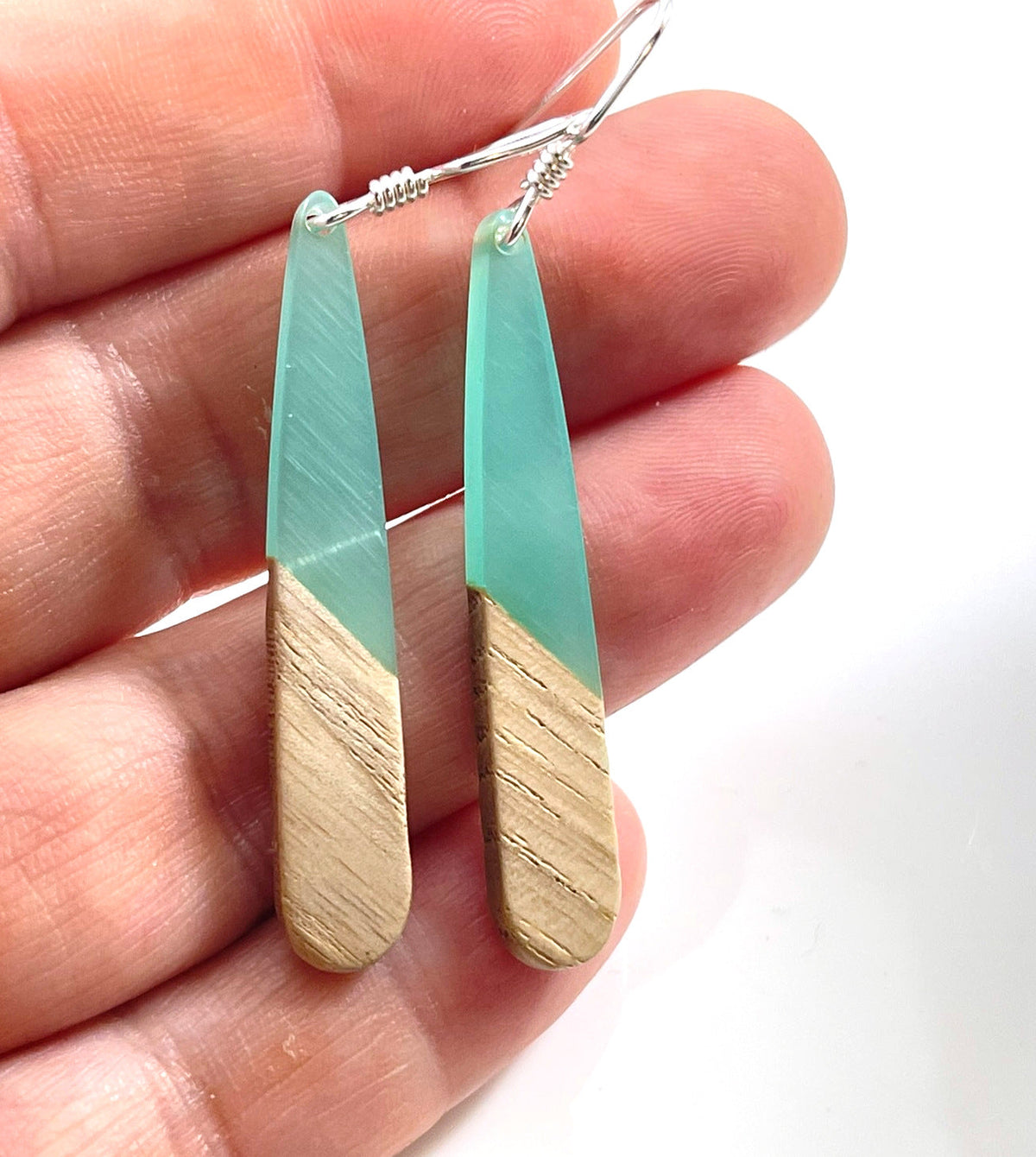 Upcycled Wood & Aqua Resin Drop Earrings – Sterling Silver, 2” Eco Minimalist - Michaela's Outdoors
