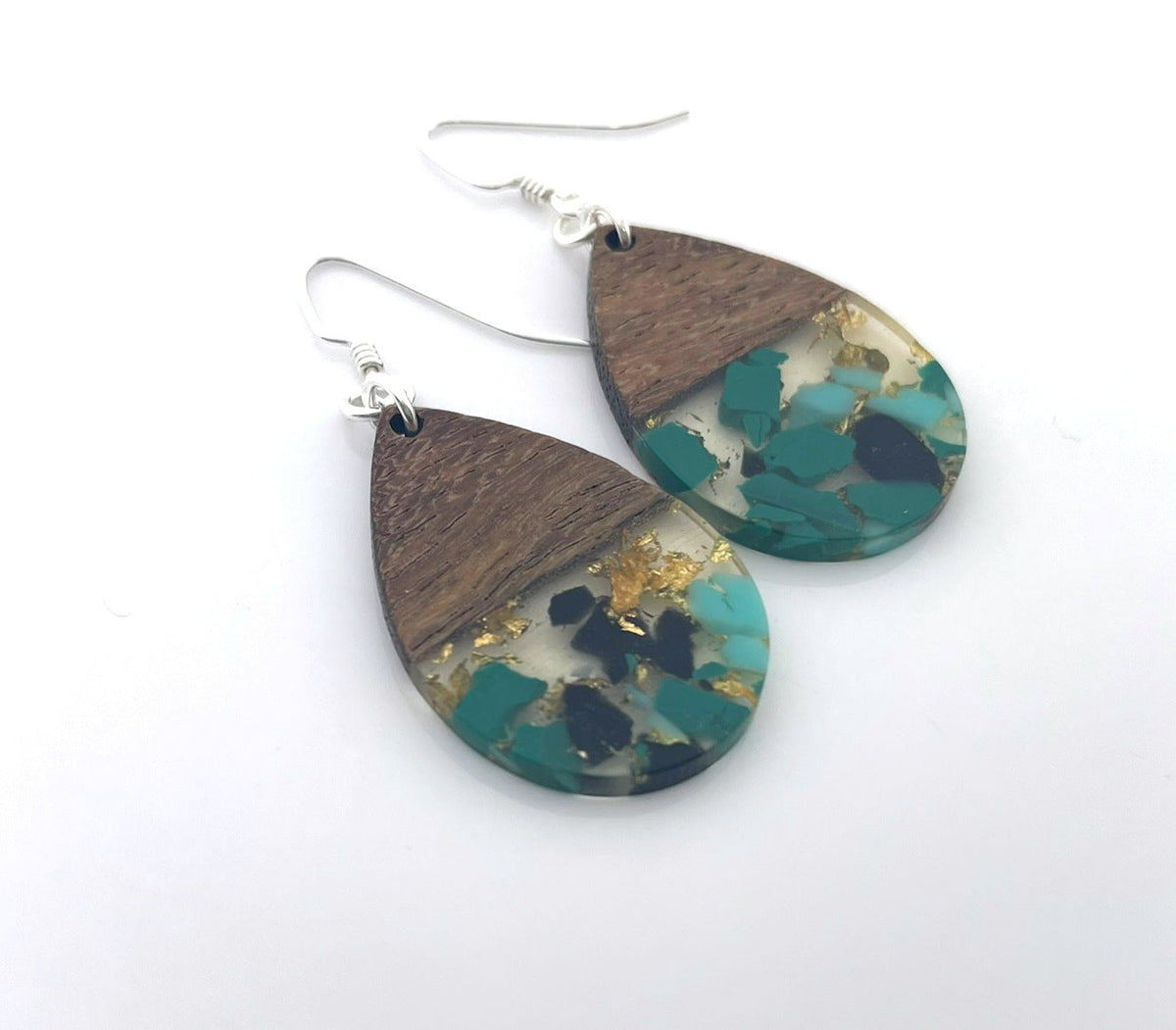 Upcycled Wood & Resin Teardrop Earrings – Sterling Silver Hooks – Handmade in Raleigh - Michaela's Outdoors