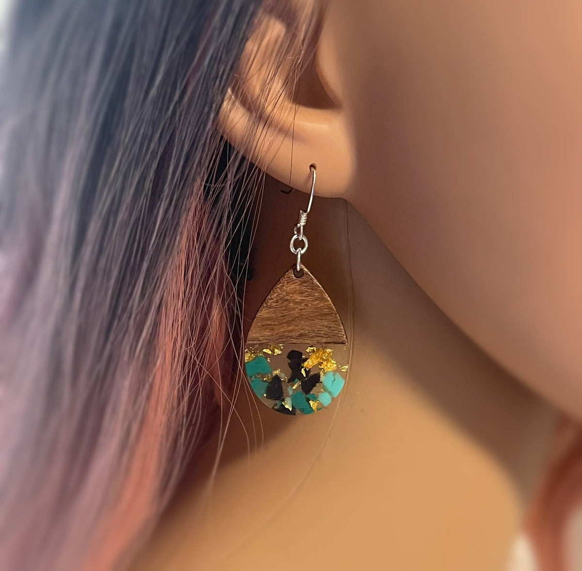 Upcycled Wood & Resin Teardrop Earrings – Sterling Silver Hooks – Handmade in Raleigh - Michaela's Outdoors