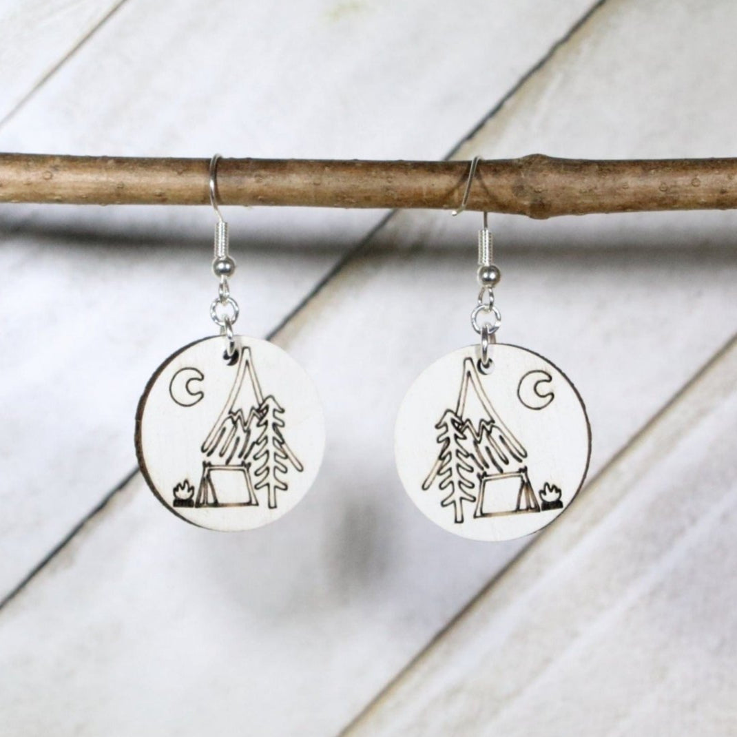 Moonlit Camp Wooden Earrings | Camping Night Nature Jewelry - Michaela's Outdoors