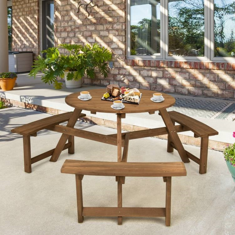 Outdoor Solid Wood Round Picnic Table Set with Umbrella Hole and 3 Benches - Michaela's Outdoors