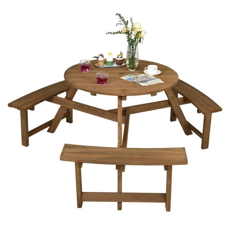 Outdoor Solid Wood Round Picnic Table Set with Umbrella Hole and 3 Benches - Michaela's Outdoors