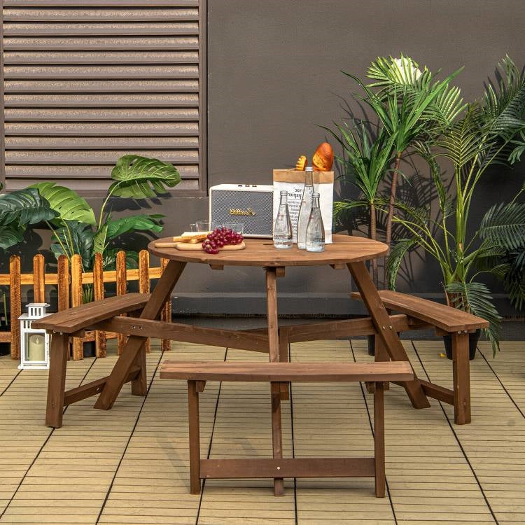 Outdoor Solid Wood Round Picnic Table Set with Umbrella Hole and 3 Benches - Michaela's Outdoors