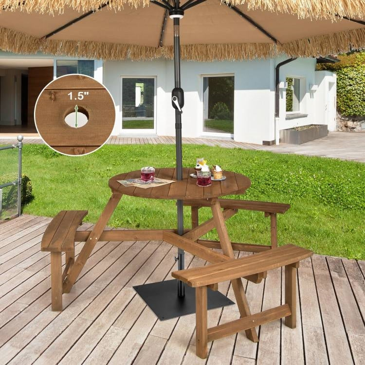 Outdoor Solid Wood Round Picnic Table Set with Umbrella Hole and 3 Benches - Michaela's Outdoors