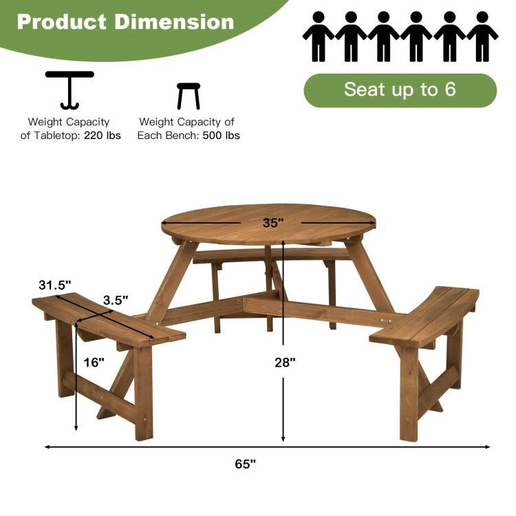 Outdoor Solid Wood Round Picnic Table Set with Umbrella Hole and 3 Benches - Michaela's Outdoors