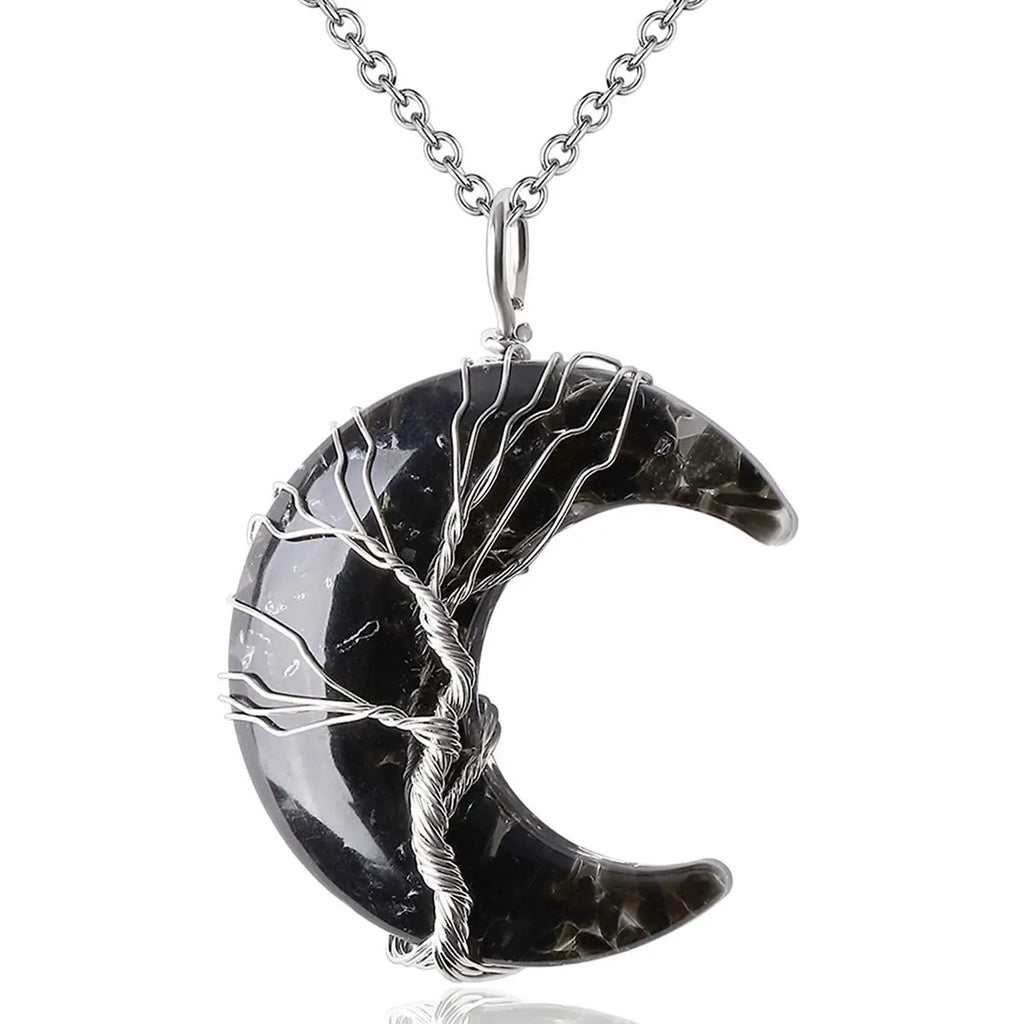 Tree of Life Necklace Wire Wrapped Crescent Moon Stone Pendant Necklaces 7 Chakra Healing Crystal Necklace For Stress Reduction