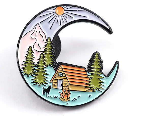 Crescent Moon Cabin Enamel Pin – Mountain Camping Adventure Pin - Michaela's Outdoors
