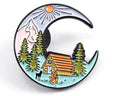 Crescent Moon Cabin Enamel Pin – Mountain Camping Adventure Pin - Michaela's Outdoors