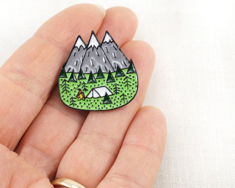 Mountain Camping Enamel Pin – Tent, Campfire & Forest Lapel Pin - Michaela's Outdoors