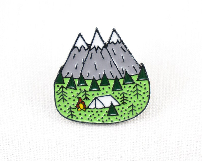 Mountain Camping Enamel Pin – Tent, Campfire & Forest Lapel Pin - Michaela's Outdoors