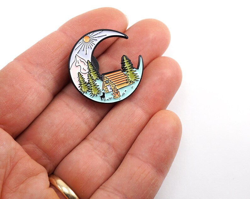 Crescent Moon Cabin Enamel Pin – Mountain Camping Adventure Pin - Michaela's Outdoors