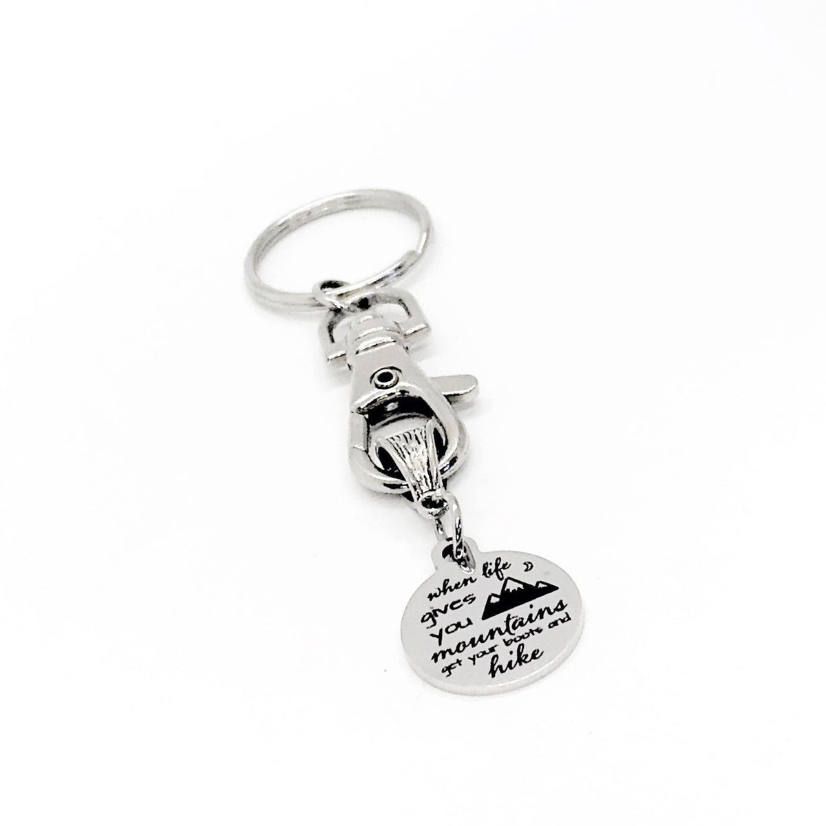 When Life Gives You Mountains Get Your Boots And Hike Charm Keychain, Hiking Lover Gift, Difficult Times Gift, Sympathy Gift, Friend Gift - Michaela's Outdoors