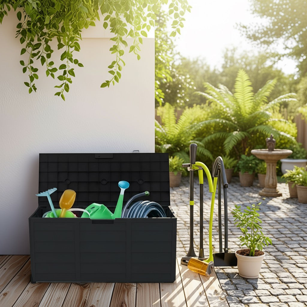 75 Gallon Heavy-Duty Outdoor Deck Box – Waterproof Patio Storage Box with Hinged Lid, Lockable & Easy Assembly - Michaela's Outdoors