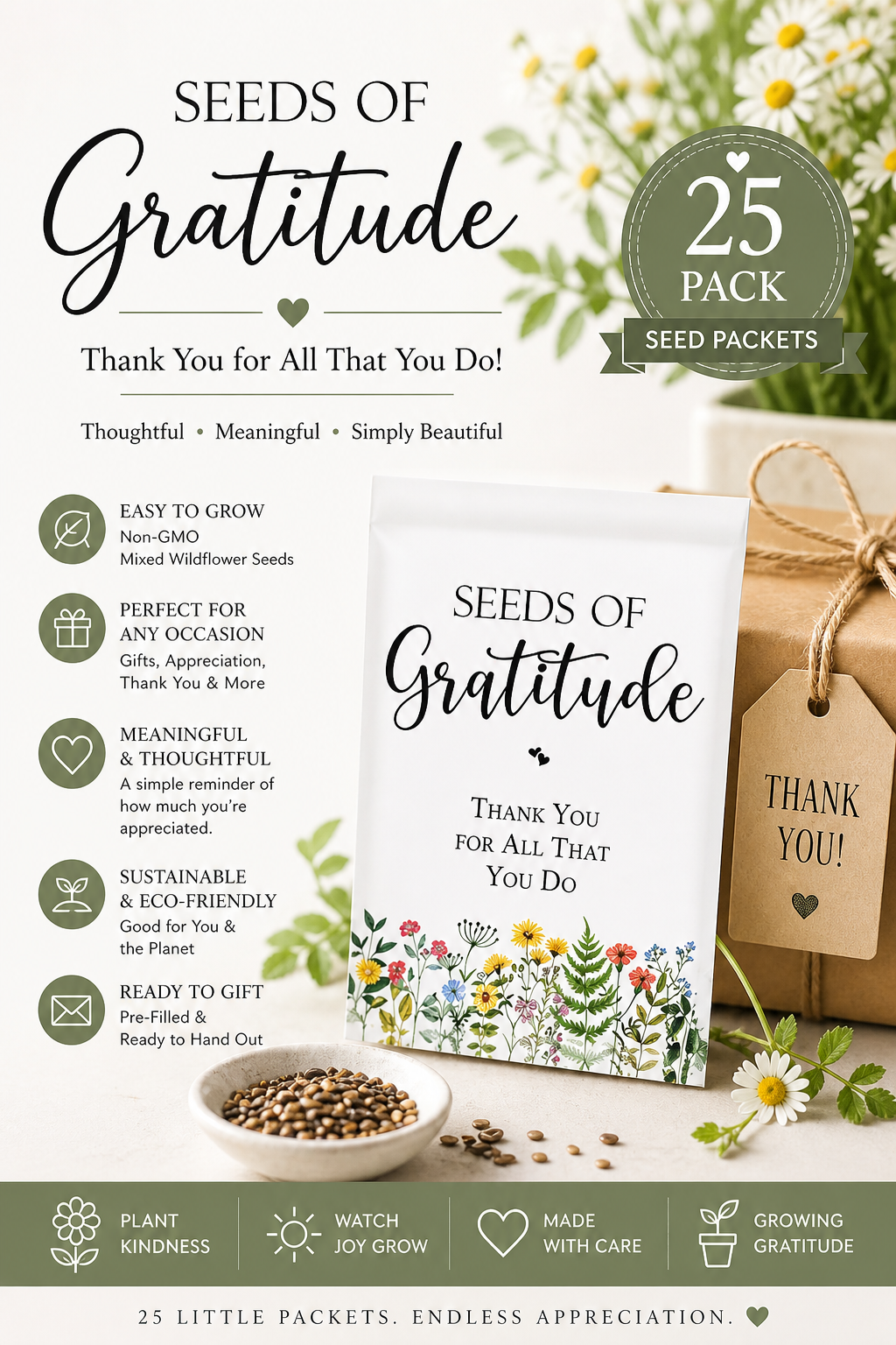 Seeds of Gratitude 25 Pack • Thank You Seed Packets • Wildflower Seed Favors - Michaela's Outdoors