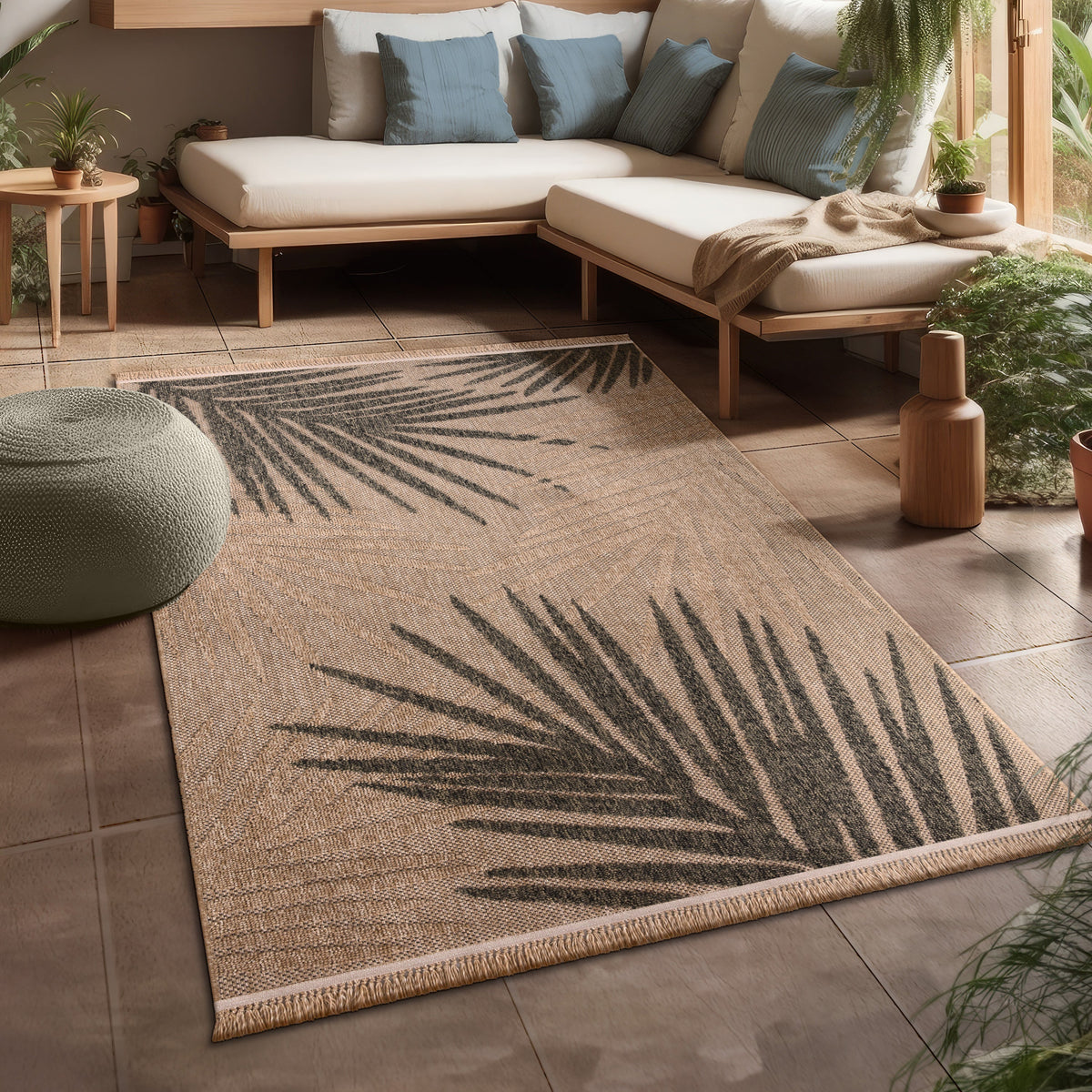 In- & Outdoor Rug Cologne with Modern Leaf Design in Beige