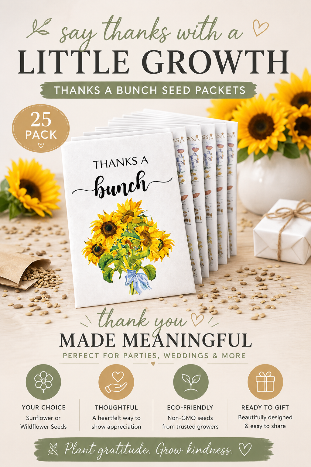 Thanks a Bunch Seed Packets – 25 Pack | Sunflower or Wildflower Seeds - Michaela's Outdoors